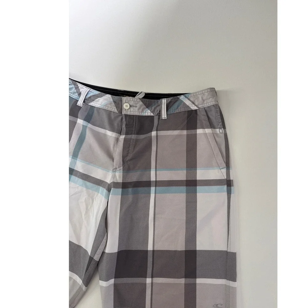 ONeill Hybrid Board Shorts Mens Grey Blue Plaid Swim Trunks 12106508P